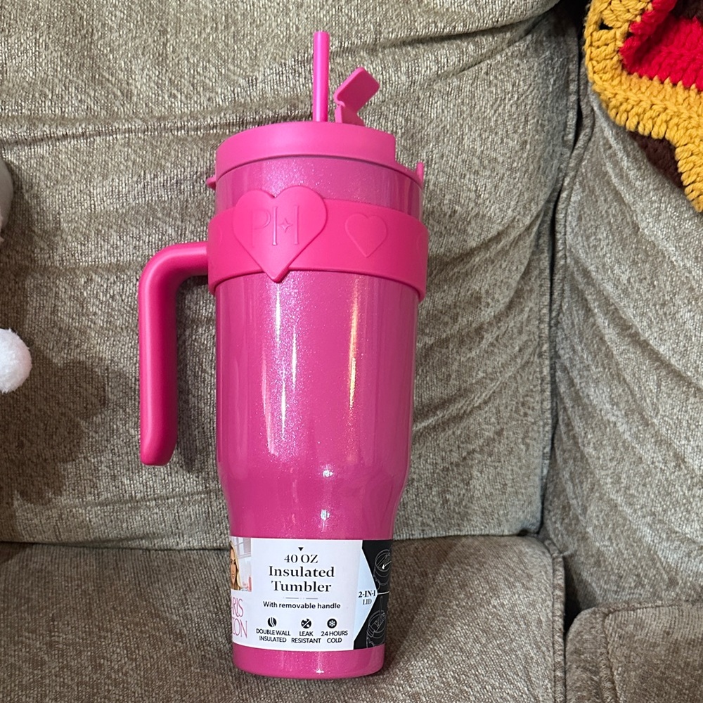 Paris Hilton pink Glitter 40oz heart tumbler with handle & 2 in 1 lid NWT NEW